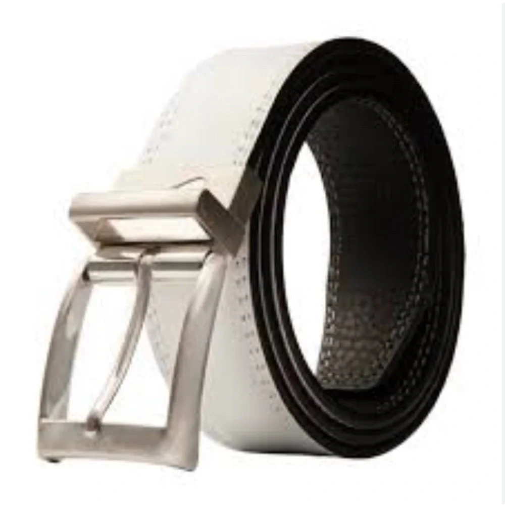 NIKE Men Double Row Stitched Reversible Leather Belt Black/White Silver Buckle
